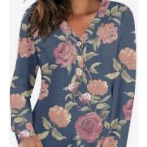 Bishuige Gray Henley Floral Tunic Top Size XL